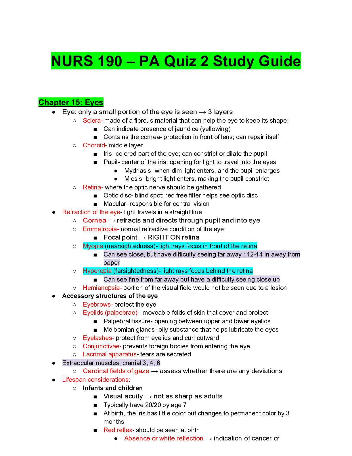 Preview of NURS 190 – PA Quiz 2 Study Guide